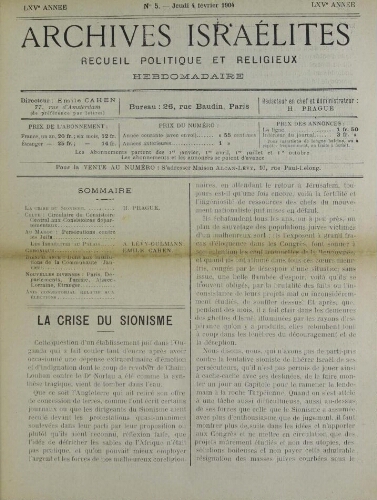 Archives israélites de France. Vol.65 N°05 (04 févr. 1904)